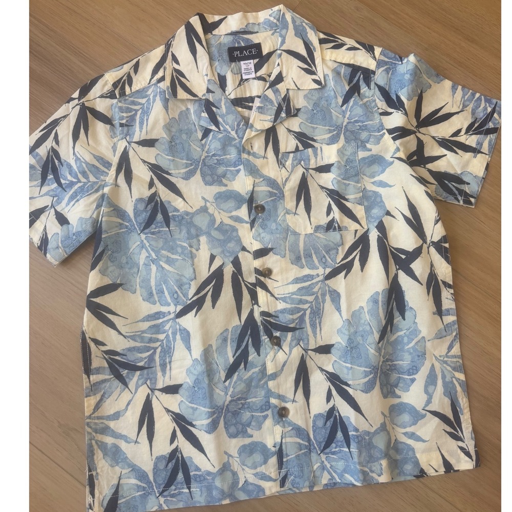 The Childrens Place Boys Tropical Floral Linen Blend Button Down Shirt 10-12